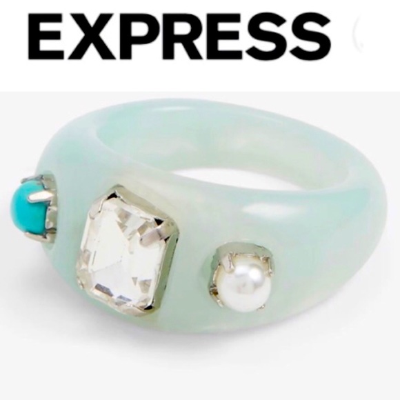 💍 EXPRESS chunky Resin Rhinestone Embellished Ring Turquoise size 6 NWT 🛍 - Picture 2 of 10